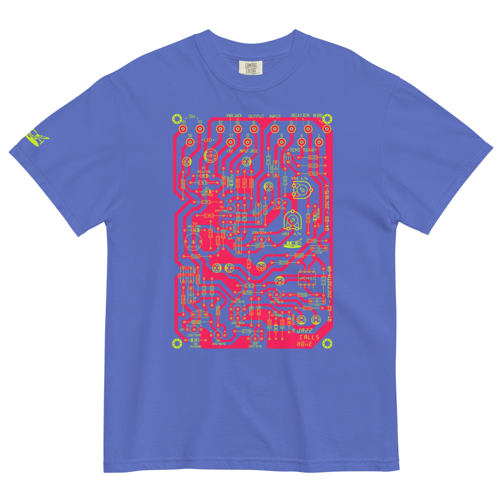 Jazz Calls Home Circuit Board Tee: a blue t-shirt with a colourful circuit board print