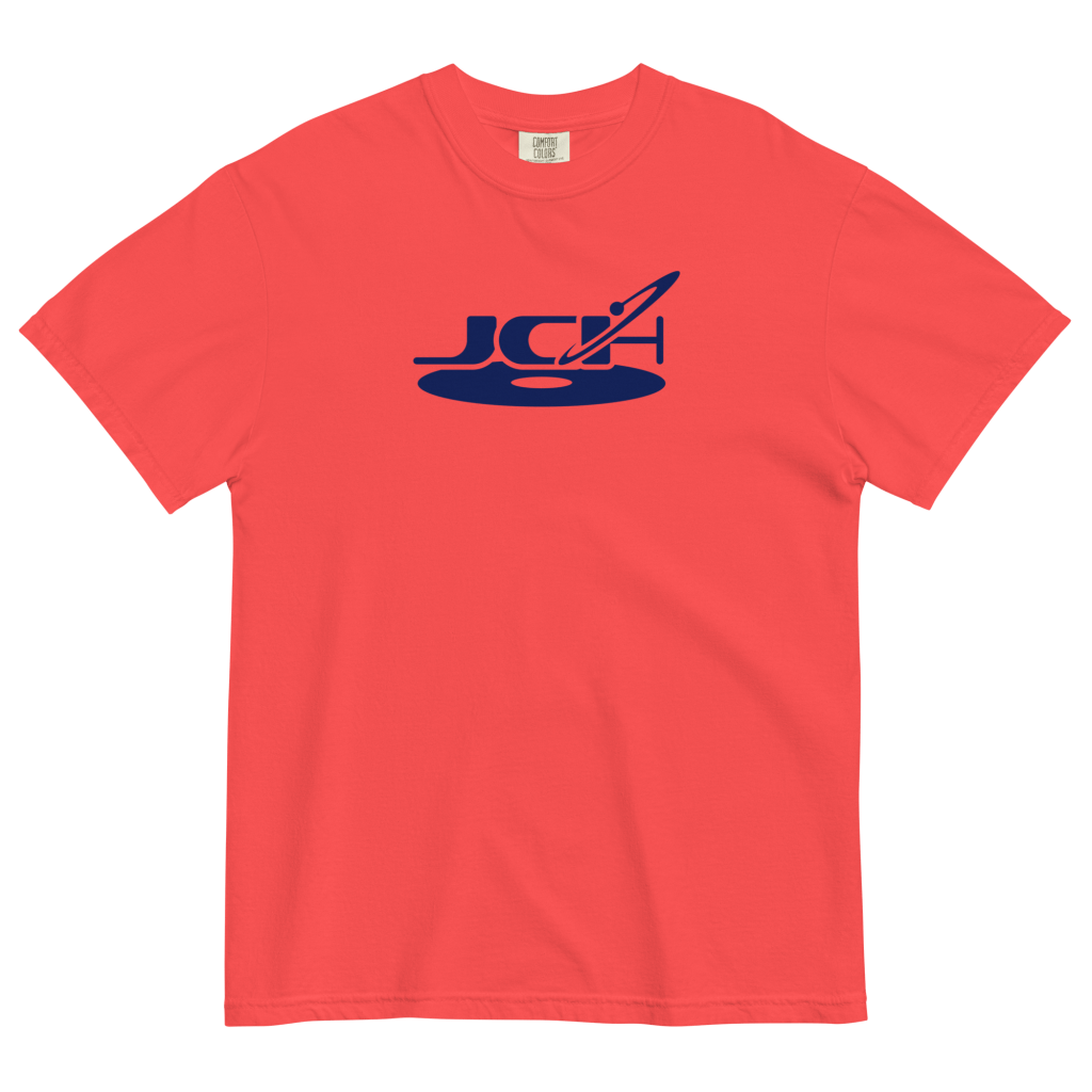 Jazz Calls Home Logo Tee: a coral t-shirt with the navy Jazz Calls Home logo